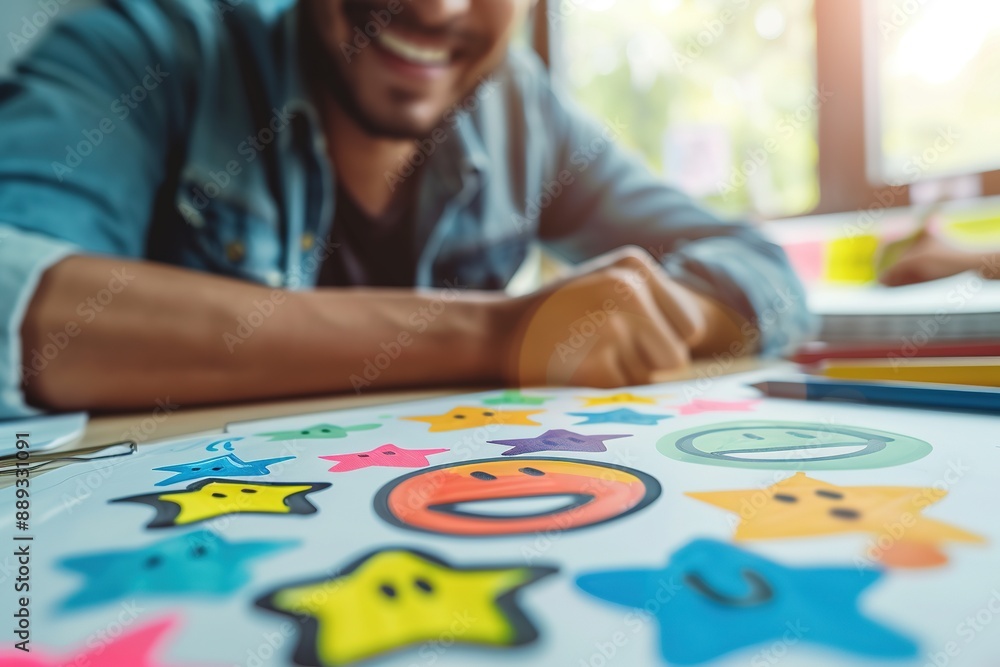Fototapeta premium Smiling Man Working on Drawings of Smiley Faces and Stars