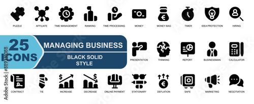25 management business icon set.style black solid color.contains hiring,employee,meeting,presentation,imagination,thinking,report,result,businessman,calculator,contract,signature,work tie,tie,increase