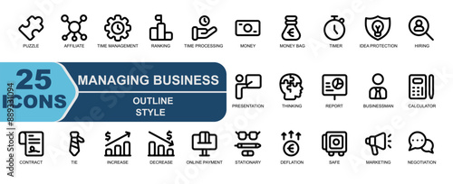 icon set managing bisnins.style outline.contains business,puzzle,riddle,network,affiliate,time management,develop,ranking,time processing,money,profit,money bag,treasure,timer,working time,idea protec