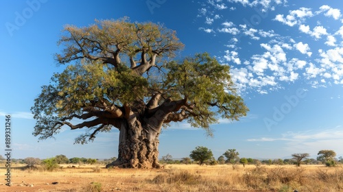 Stately baobab bonsai tree with thick trunk in an African savannah