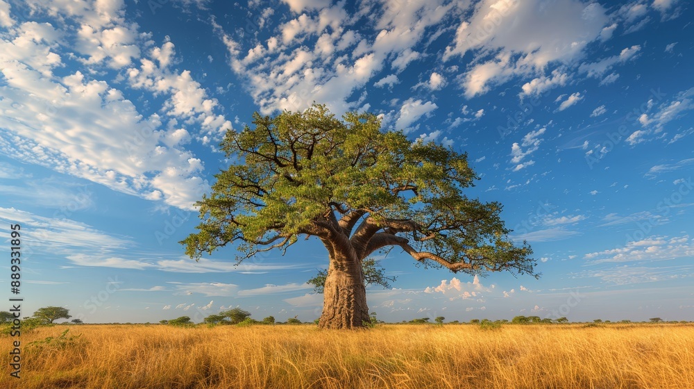 Stately baobab bonsai tree with thick trunk in an African savannah Stately baobab bonsai tree with thick trunk in an African savannah