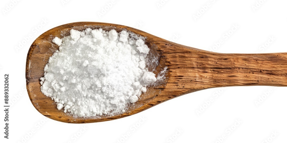 A wooden spoon filled with white powder sitting on a white background A wooden spoon filled with white powder sitting on a white background