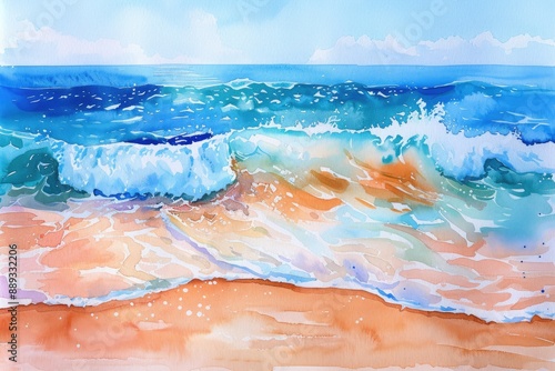 Watercolor beach scene, soft hues, fluid strokes, light and airy, detailed but delicate, pastel colors