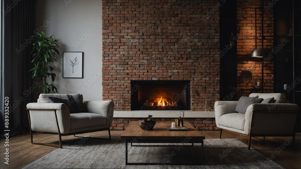 Fototapeta premium fireplace in brick living room background