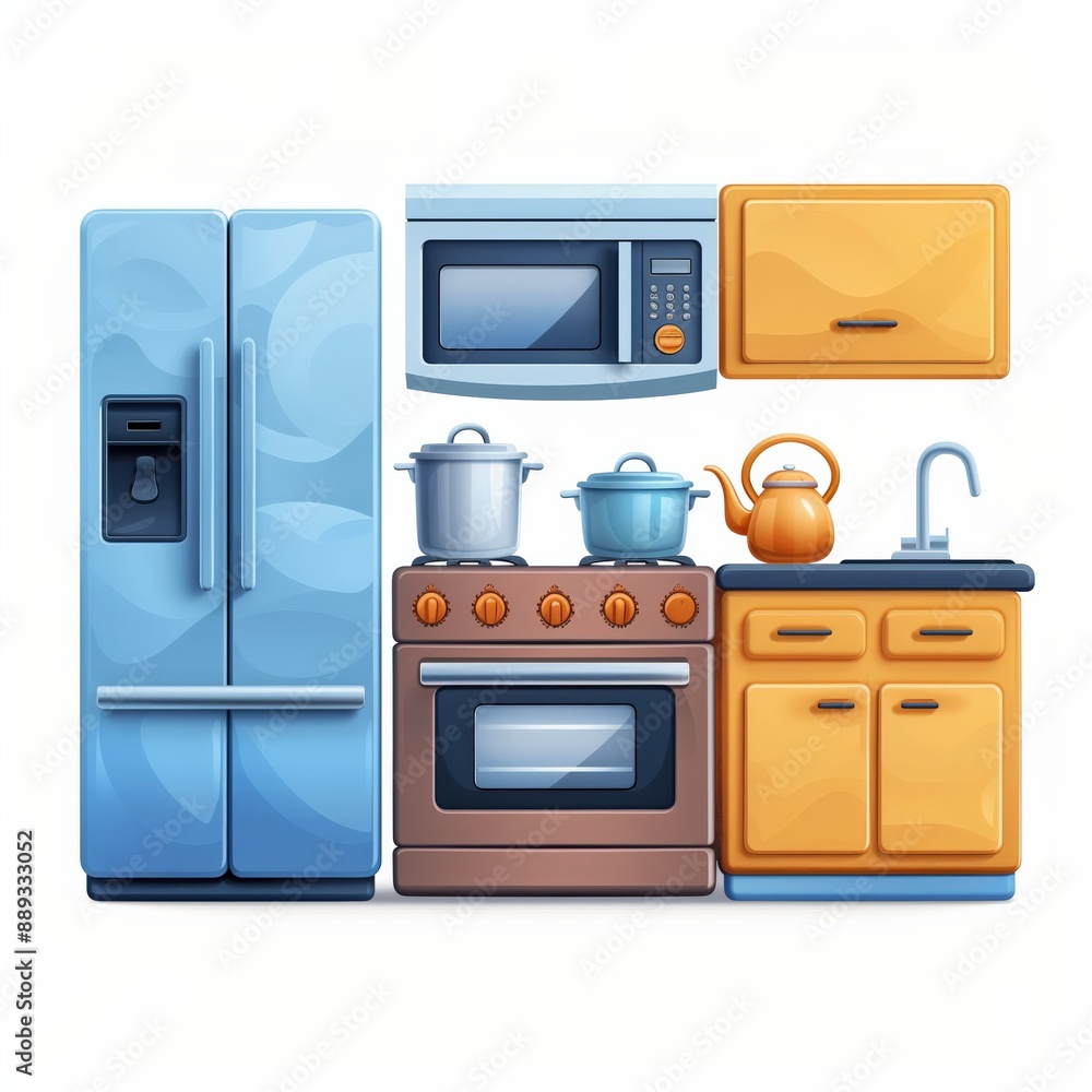 Fototapeta premium Simple vector icon illustration of a 3D-rendered microwave, refrigerator, and stove grouped at the center, representing essential kitchen appliances for modern cooking, isolated on a white background