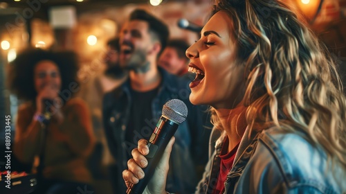 Young woman singing karaoke with friends at a bar. © Nijat