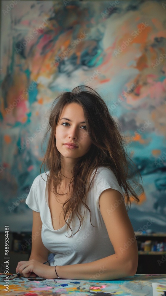 Obraz premium AI generator image of woman creating a vision board Include calming colors like soft pinks and blues , watercolor pastel
