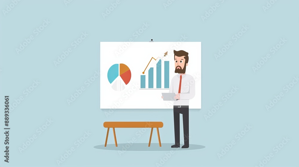 A professional presenting a complex idea on a computerized whiteboard, with high-tech holographic charts and graphs illustrating the concept, flat design illustration A professional presenting a complex idea on a computerized whiteboard, with high-tech holographic charts and graphs illustrating the concept, flat design illustration