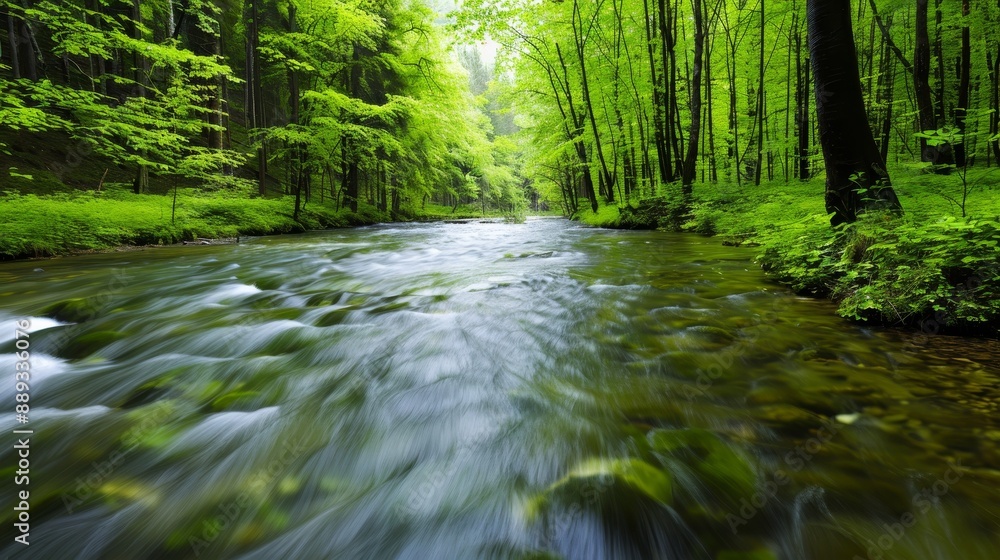 A serene forest scene with lush, green trees and a clear, flowing stream, showcasing the beauty of untouched nature A serene forest scene with lush, green trees and a clear, flowing stream, showcasing the beauty of untouched nature