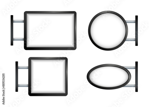 Rectangular signage light box signboard. Black metal outdoor mock up. Vector