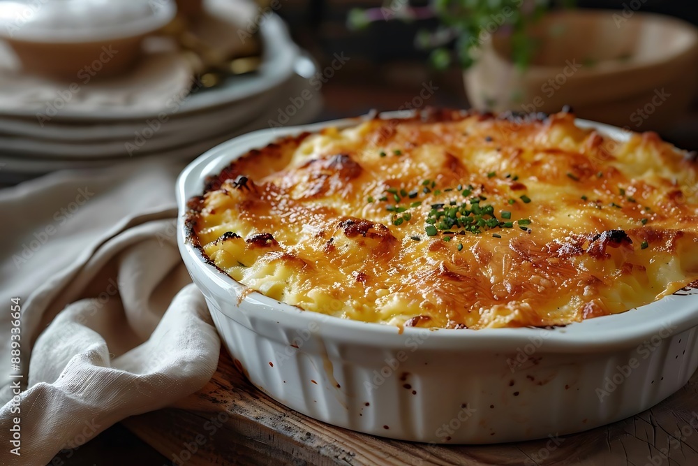 Delicious Golden Brown Baked Casserole with Melted Cheese and Green Herbs - Food Photography Delicious Golden Brown Baked Casserole with Melted Cheese and Green Herbs - Food Photography