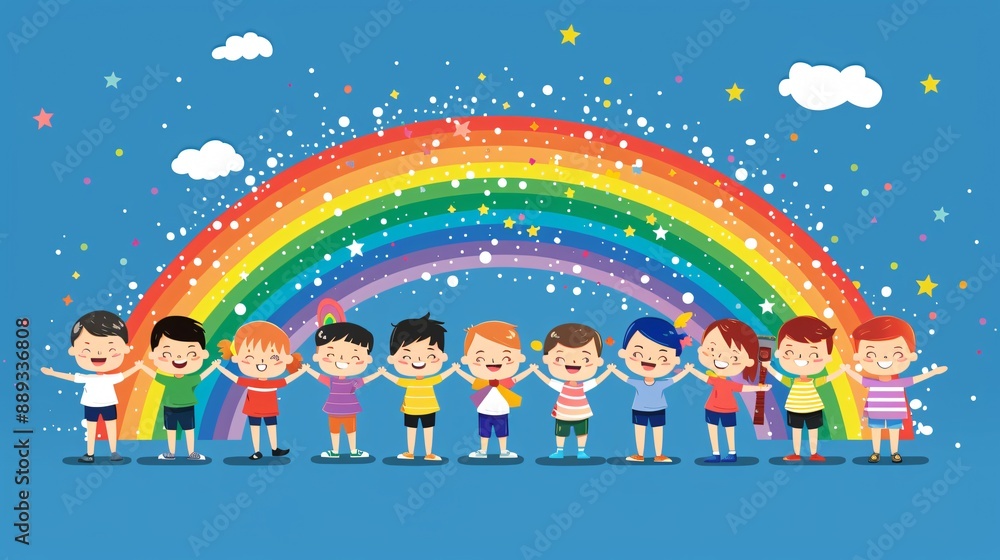 Fototapeta premium Cartoon children holding hands under a colorful rainbow, happy diverse kids group in a flat vector illustration, cheerful childhood and friendship concept
