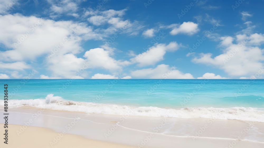 Serene Blue Ocean Waves Gently Crashing onto the Sandy Shore under a Clear Sky Serene Blue Ocean Waves Gently Crashing onto the Sandy Shore under a Clear Sky