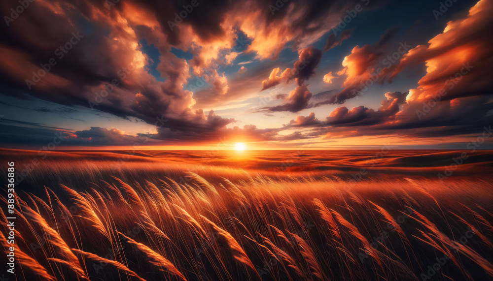 Fototapeta premium a painting of a sunset over a field of tall grass