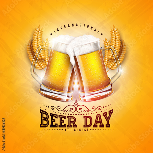 International Beer Day Design with Freshly Tapped Beer in the Mug and Barley Ears on Vintage Yellow Background. August 4 Vector Cheers Celebration Holiday Illustration with Typography Letter for