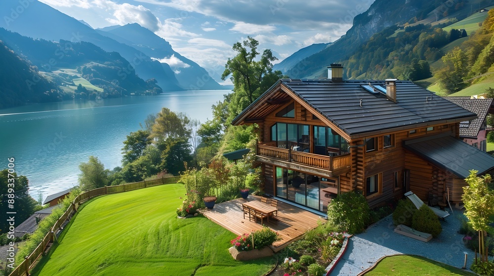 Fototapeta premium Picturesque Wooden Cabin on Lakeside with Majestic Mountain Backdrop