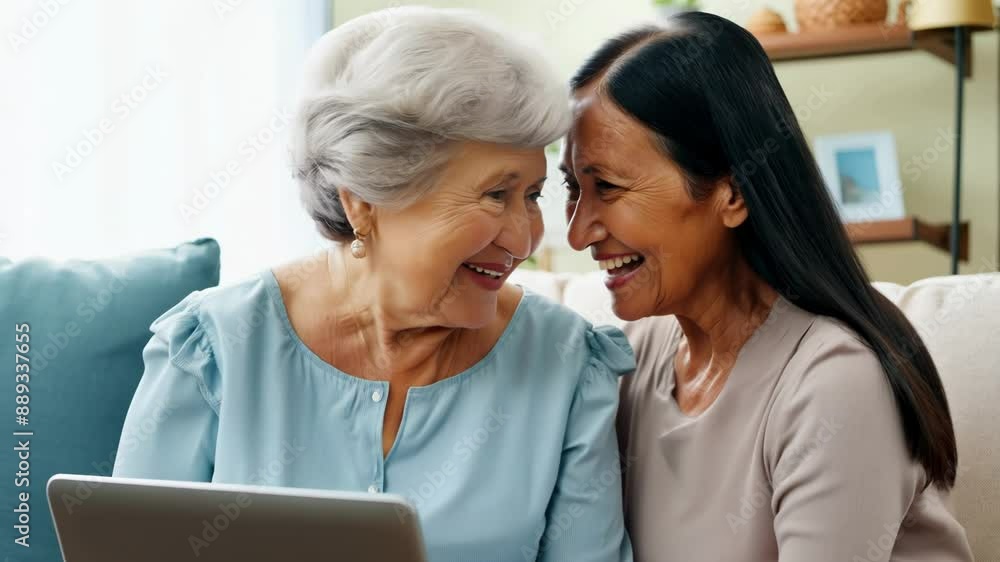 Smiling Elderly Woman with Friend Using Laptop Smiling Elderly Woman with Friend Using Laptop