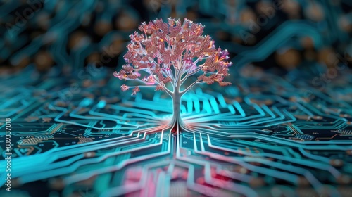 A conceptual image of a pink tree growing on a vibrant circuit board, symbolizing the intersection of nature and technology. photo