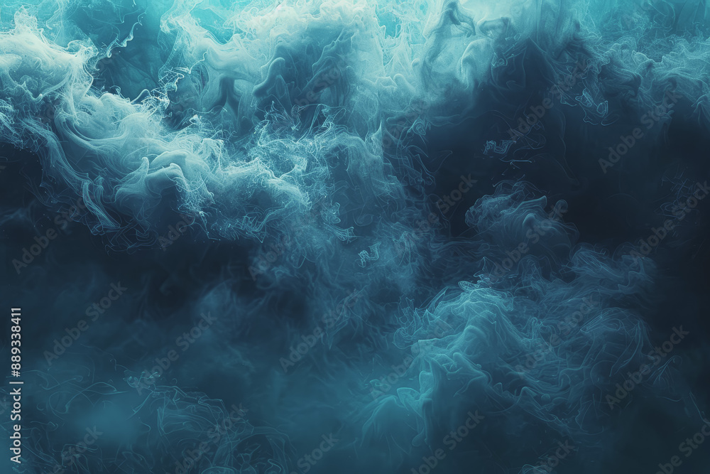 Fototapeta premium Dynamic smoke clouds Illuminated by a neon turquoise surface. The coolness of the underwater scenes.