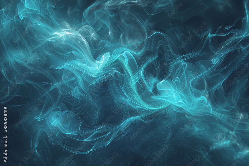 Obraz premium Dynamic smoke clouds Illuminated by a neon turquoise surface. The coolness of the underwater scenes.