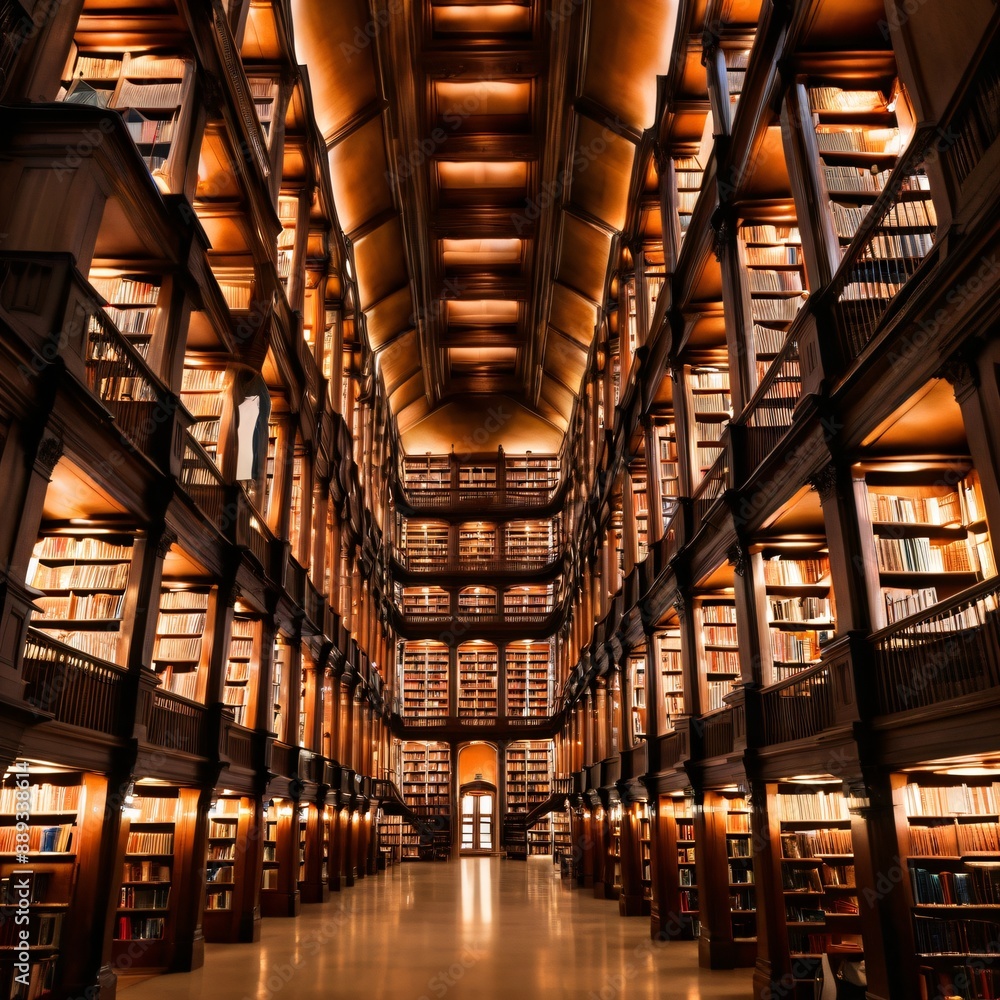 Fototapeta premium A vast library with towering bookshelves reaching upwards infinitely, creating a labyrinthine structure bathed in an ethereal glow.