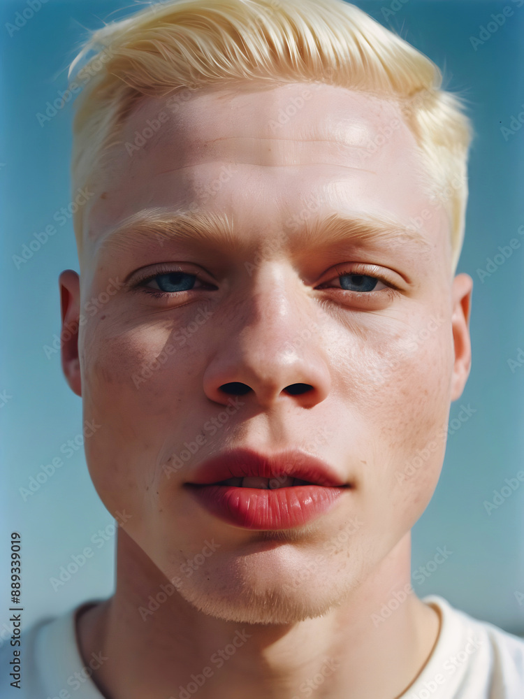 Portrait of handsome African American male albino model, white Afro, fashion and lifestyle, diversity, people background