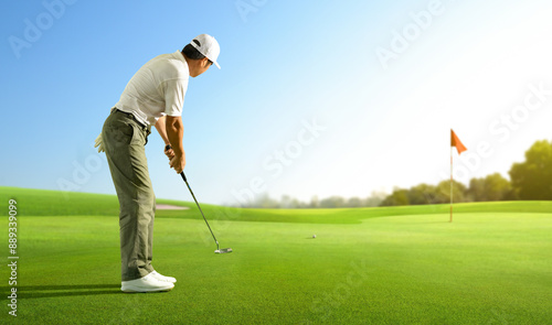 Golfer putting golf ball to the hole on green golf.