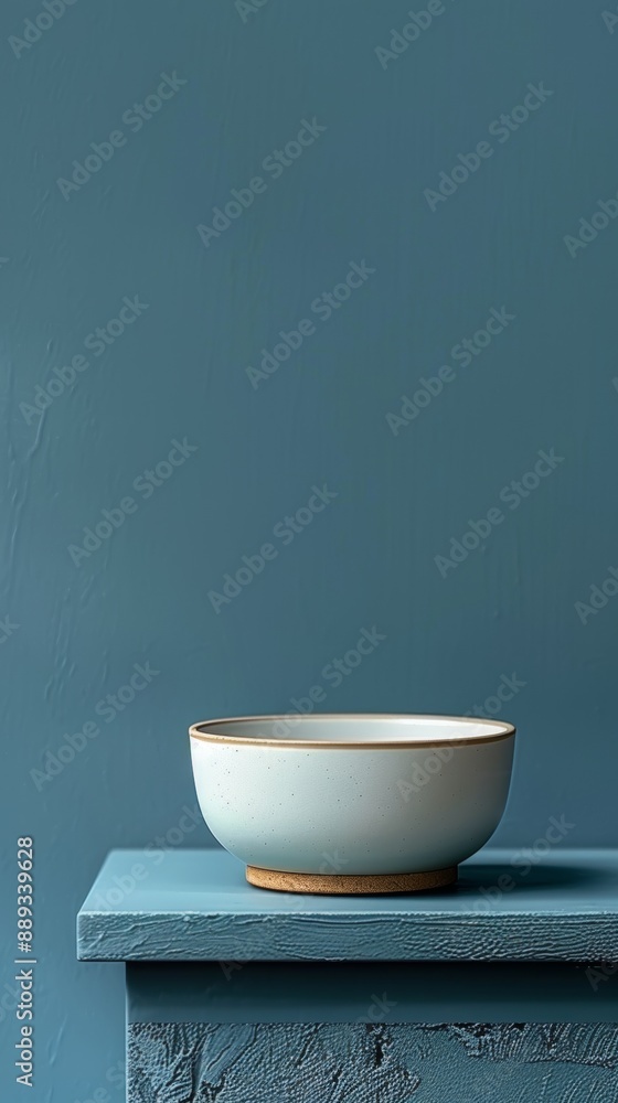 A white bowl sits on a shelf in front of a blue wall A white bowl sits on a shelf in front of a blue wall