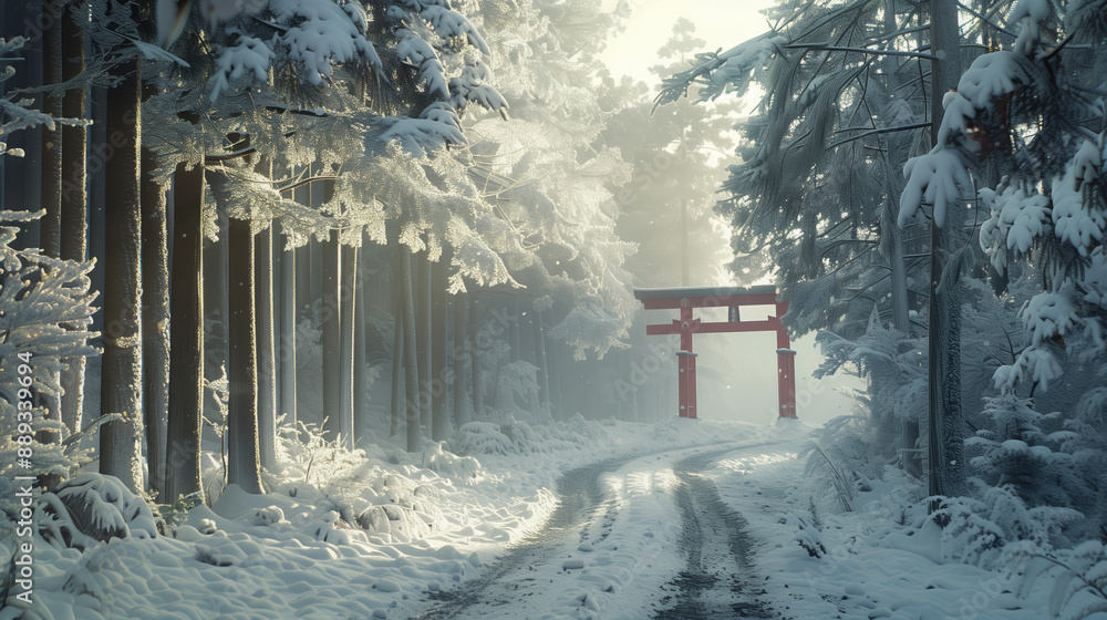 Snow-Covered Pine Forest Under Pale Winter Sun with Red Torii Gate in Misty Background Snow-Covered Pine Forest Under Pale Winter Sun with Red Torii Gate in Misty Background