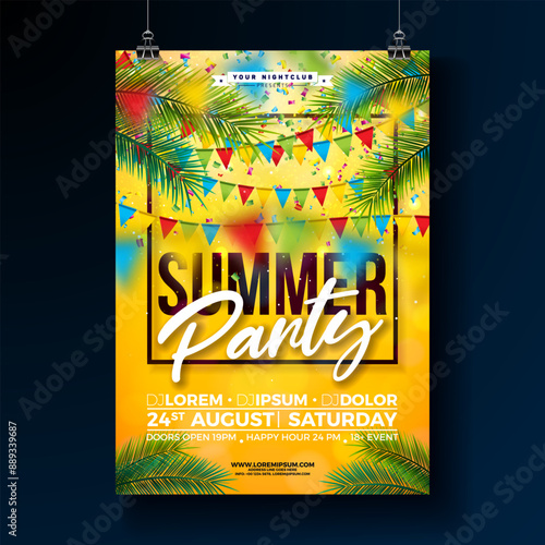 Vector Summer Beach Party Flyer Design with Party Flag and Palm Leaves on Sun Yellow Background. Design Template with Nature Floral Elements and Tropical Plants for Banner, Flyer, Invitation, Brochure