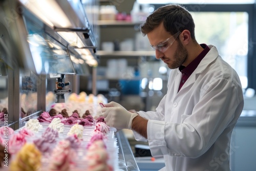 An ice cream taster conducts a flavor test in a modern laboratory. The taster wears a white lab coat and uses scientific equipment to measure the quality of different ice cream samples. The setting