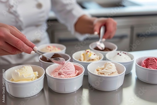 Ice cream taster seated in a minimalist kitchen, sampling various ice cream flavors from small dishes. The taster uses a spoon and pauses to reflect on the taste, demonstrating the thoughtful photo