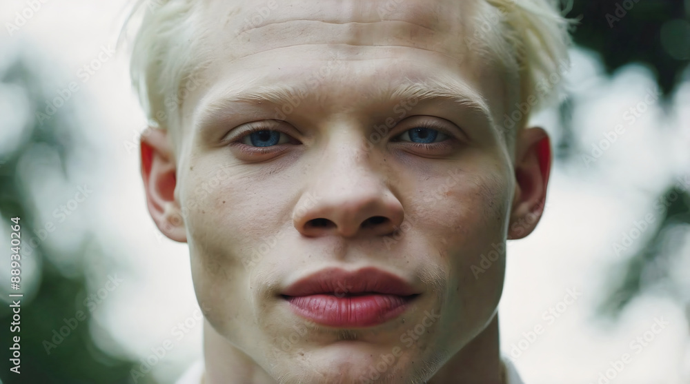 Portrait of handsome African American male albino model, white Afro, fashion and lifestyle, diversity, people background