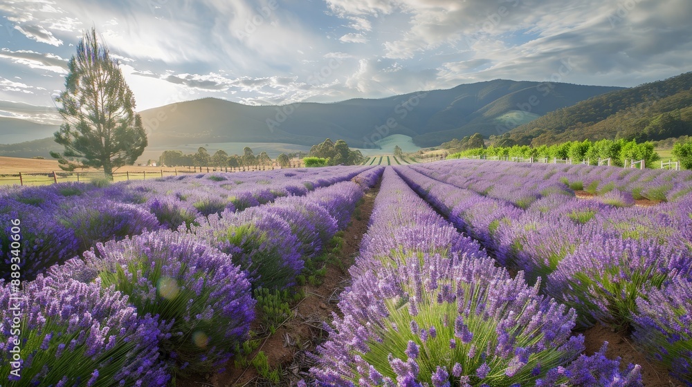 Obraz premium A picturesque scene of a lavender field in bloom, with rows of purple flowers under a bright sky