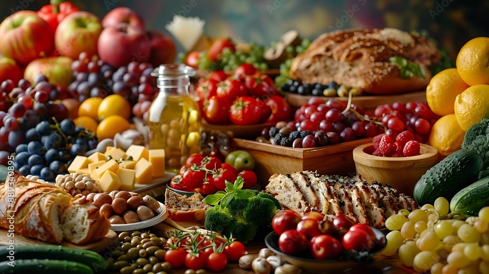 A Photo of a Table with a Variety of Foods: Fresh Vegetables and Fruits, Olives, Cheese, Bread, and More A Photo of a Table with a Variety of Foods: Fresh Vegetables and Fruits, Olives, Cheese, Bread, and More
