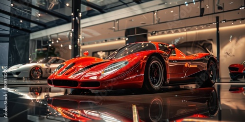 An elegant sports car in a modern showroom. The car gleamed luxuriously. luxury car sales.