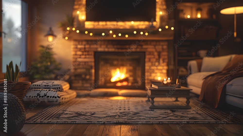 A cozy living room with a roaring fireplace, warm lighting, and a blurred background. A cozy living room with a roaring fireplace, warm lighting, and a blurred background.