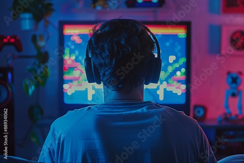 gamers back wearing modern sleek headphones he sits in front of big screen with a retro 8bit video game, neon lighting