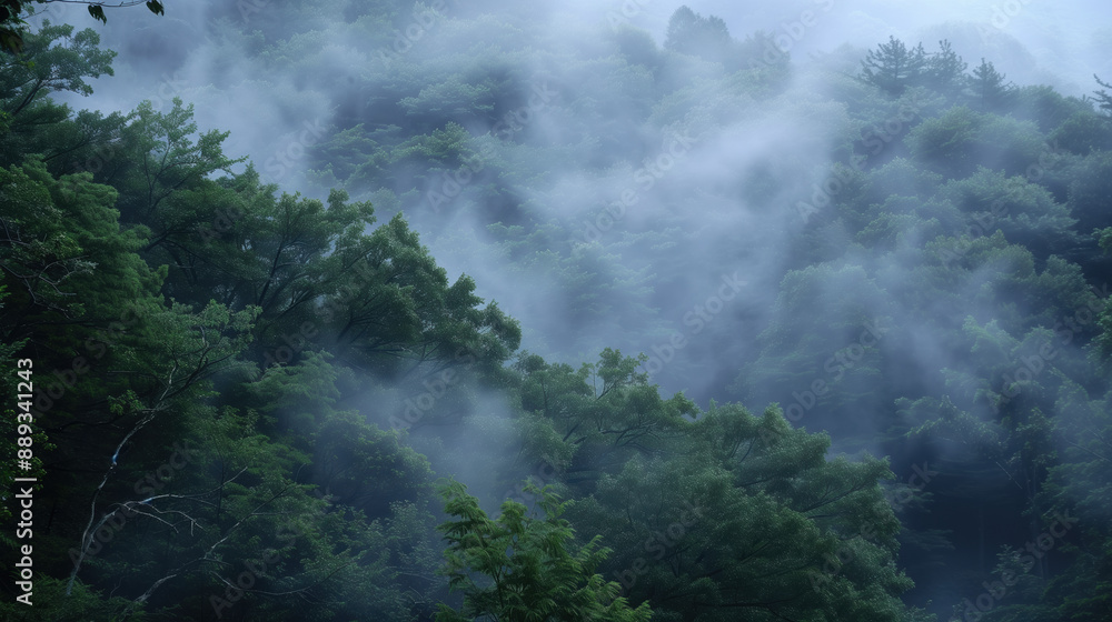 Mystical Foggy Forest with Hidden Onsen Hot Spring Revealed by Wisps of Steam - Serene Japanese Nature Scene Mystical Foggy Forest with Hidden Onsen Hot Spring Revealed by Wisps of Steam - Serene Japanese Nature Scene