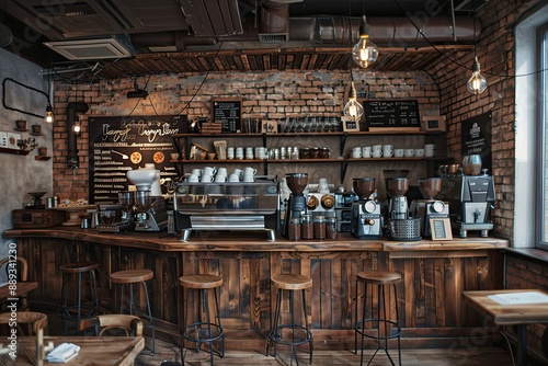 Interior design of cafe with wooden vintage style, decorated with warm and cozy tones, relaxing tones with classic old wood round corner counter and coffee machinery.