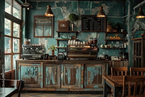 Interior design of cafe with wooden vintage style, decorated with warm and cozy tones, relaxing tones with classic old wood round corner counter and coffee machinery.