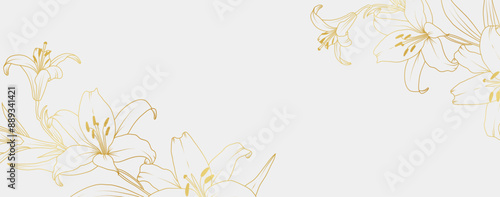 Luxury gold lily flowers background. Floral pattern tropical in line art style for greeting, invitation, wedding card, wall art, wallpaper and print. Vector illustration