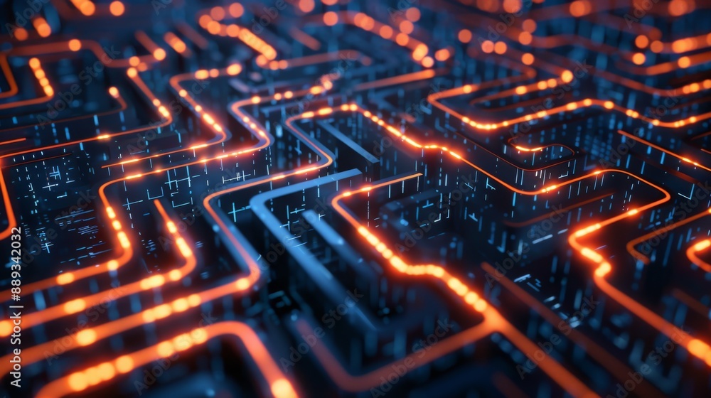 A close-up view of a complex, digital circuit board with glowing orange lines and blue background. A close-up view of a complex, digital circuit board with glowing orange lines and blue background.