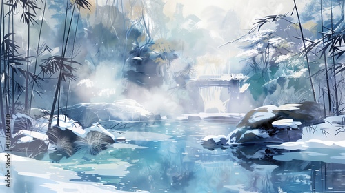 Calming Watercolor Painting of Hot Springs with Steam and Snowy Bamboo Forest Mist photo