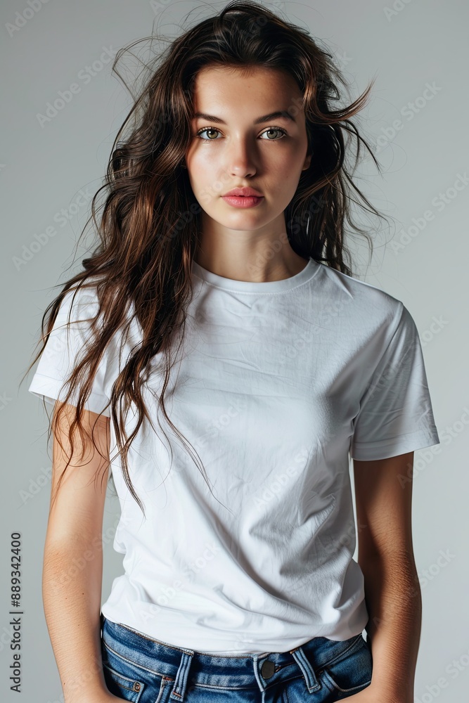 Fototapeta premium White tshirt mockup on woman model created with Generative AI
