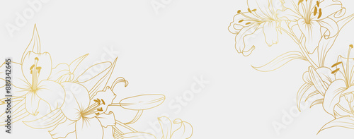 Luxury gold lily flowers background. Floral pattern tropical in line art style for greeting, invitation, wedding card, wall art, wallpaper and print. Vector illustration