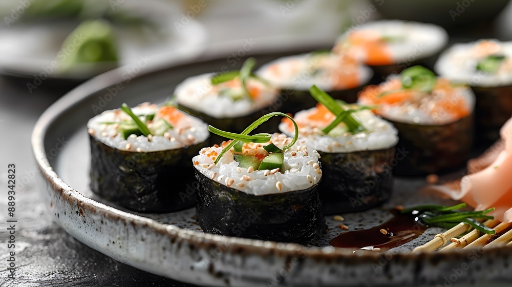 A plate of fresh sushi with soy sauce and wasabi, bamboo mat and a blurred background. A plate of fresh sushi with soy sauce and wasabi, bamboo mat and a blurred background.