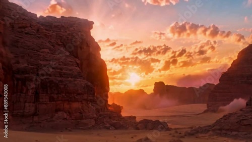 timelapse of the sunset in the desert of saudi arabia near a rocky formation