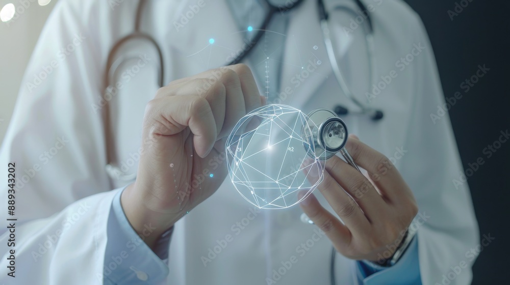 Doctor hand with stethoscope and Ui icon medical in hospital with medical technology network concept Doctor hand with stethoscope and Ui icon medical in hospital with medical technology network concept
