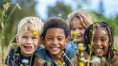 A group of diverse children laugh and smile while playing in a field of flowers. © Nijat